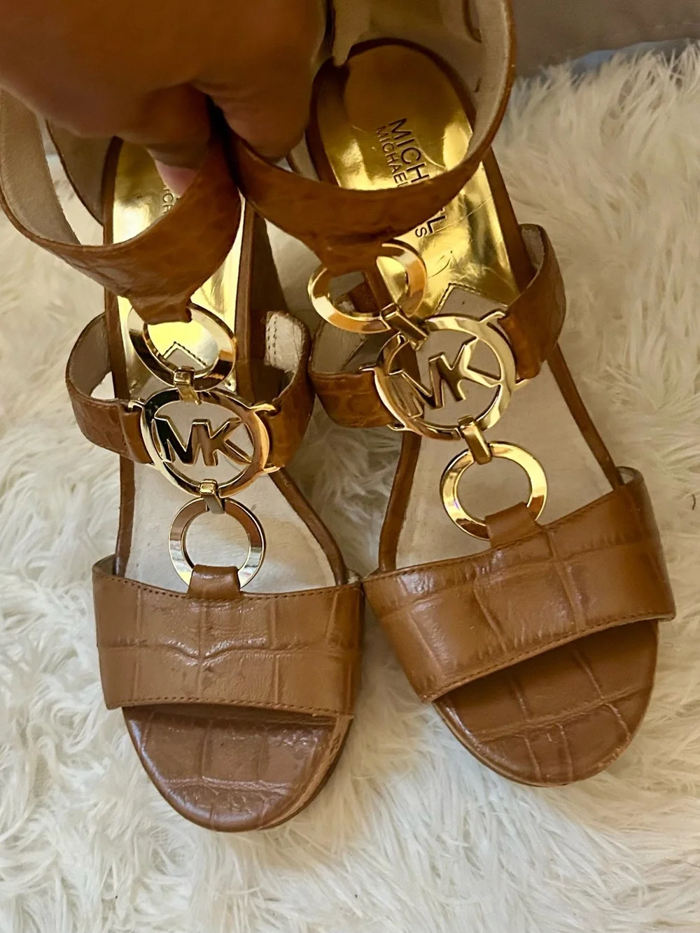 Gorgeous MICHAEL Michael Kors Brown Leather Logo-Detail Wedge-Heels